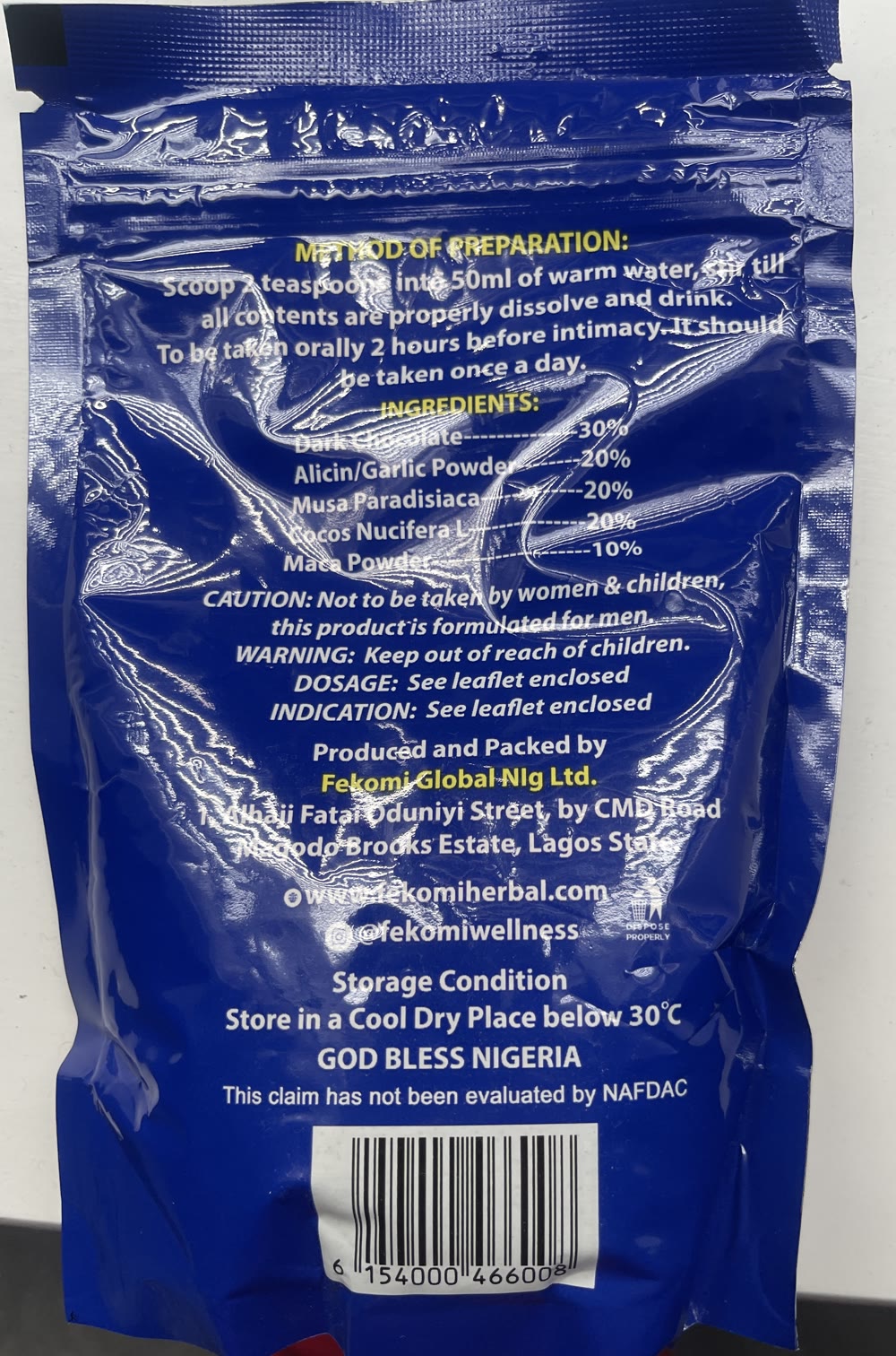 Back of the Fekomi SD pouch showing the preparation method and ingredients