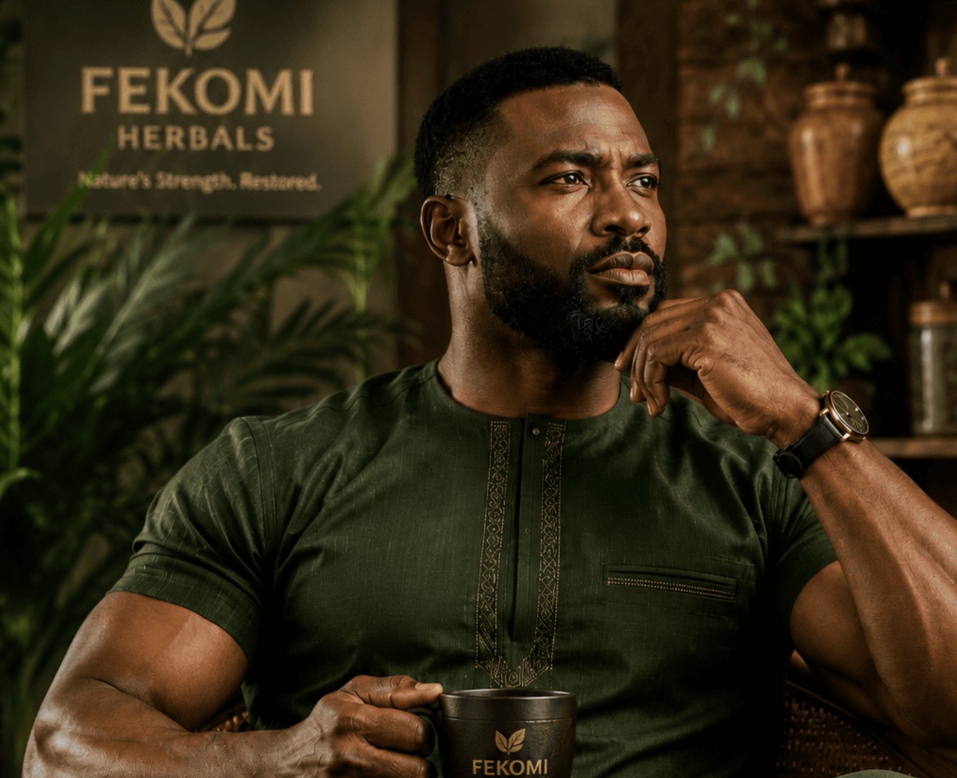 A man relaxing with a mug of Fekomi herbal tea
